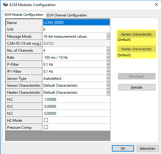 Adjustment of the sensor characteristic in CSMconfig