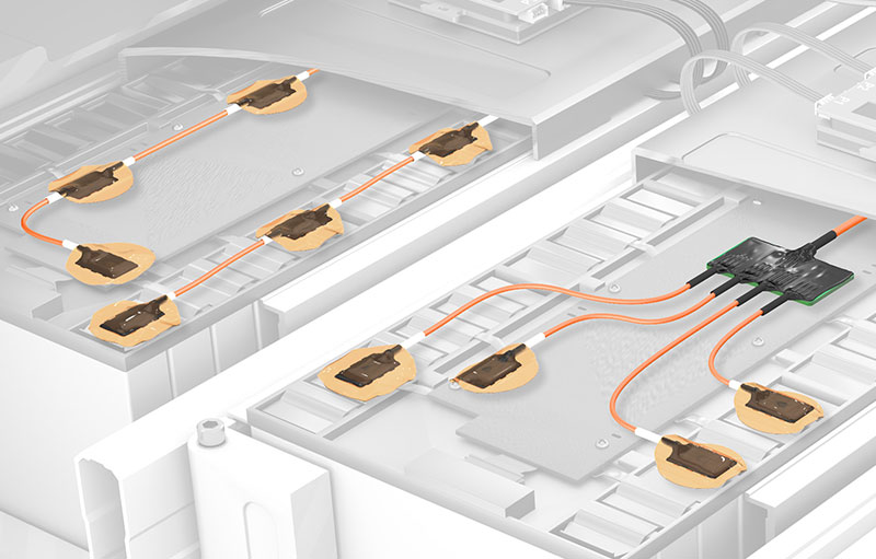 Sensor Baugruppen in Reihenschaltung und über eine Platine verbunden für Messungen im Batteriemodul Sensorbaugruppen im Batteriemodul